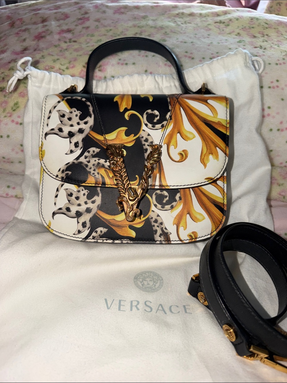 Versace Virtus Baroque Print Top Handle Bag Black White Gold
